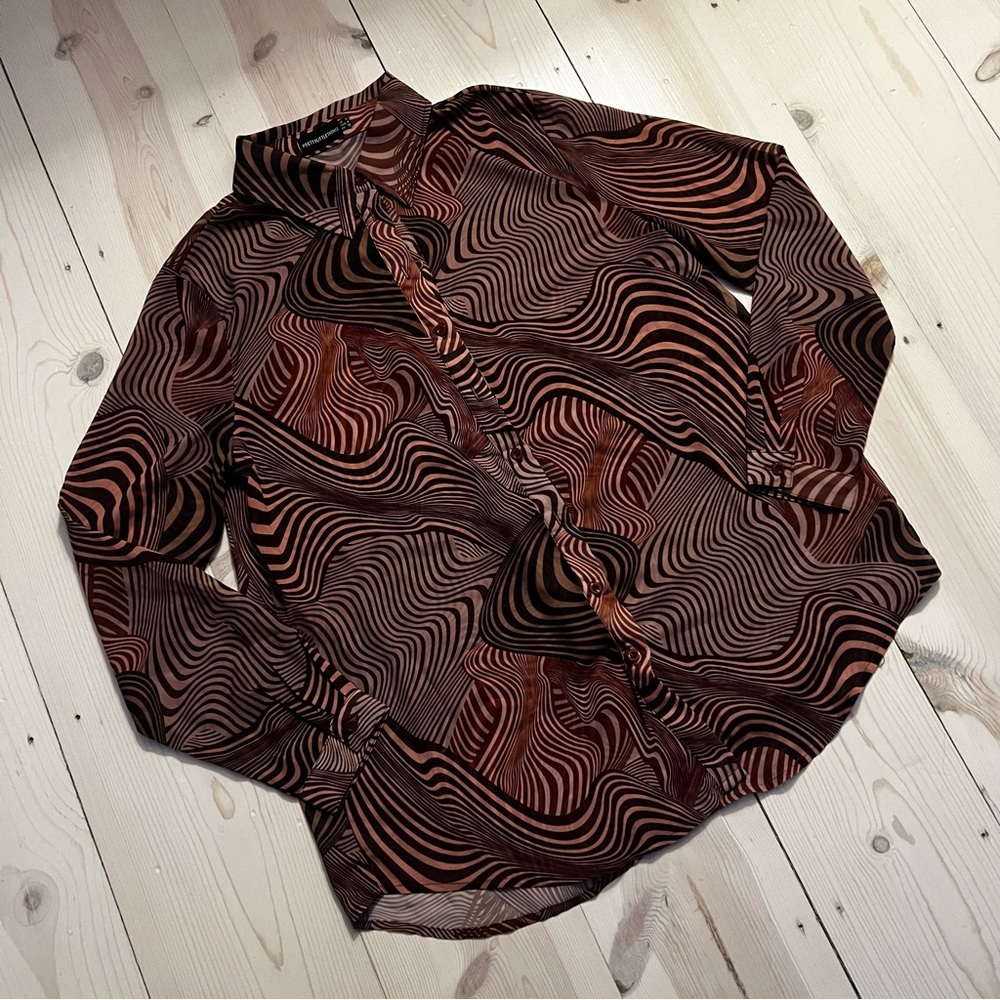 PLT Wavy Button Down Shirt in Maroon, brown and cream Sz. S